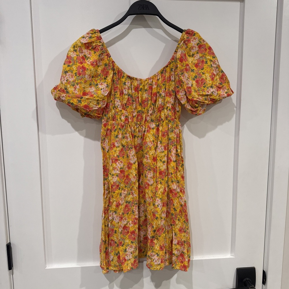 Mevena Rae Yellow Floral Puff Sleeve Smocked Mini Dress Cottagecore Womens Small